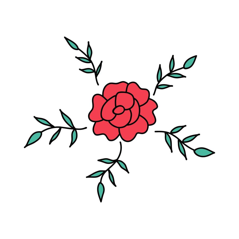 Hand drawn rose with delicate twigs and leaves. Beautiful, romantic symbol of love for Valentines Day. Doodle rose represents love and affection in gentle, artistic style. Rose for showing feelings. vector