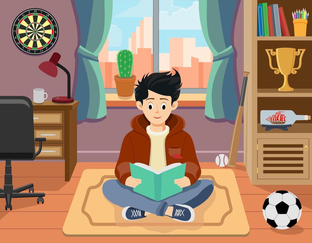 young boy sitting cross-legged reading a book in a vibrant playroom showcasing a cozy and engaging environment for learning illustration vector