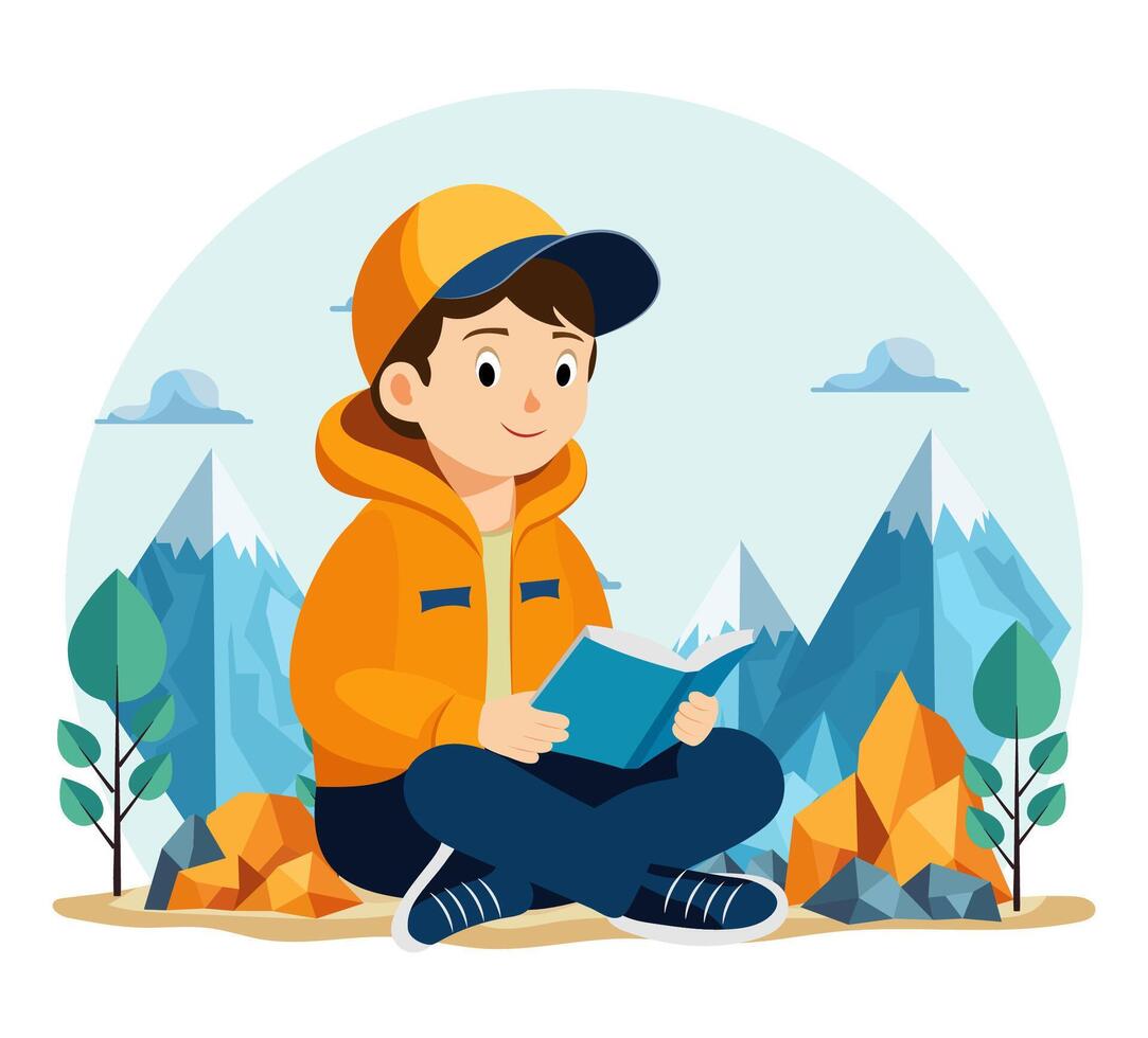 boy sitting cross-legged reading a book outdoors against a scenic backdrop of mountains and trees the boy appears focused relaxed, enjoying his book in nature's tranquility illustration vector