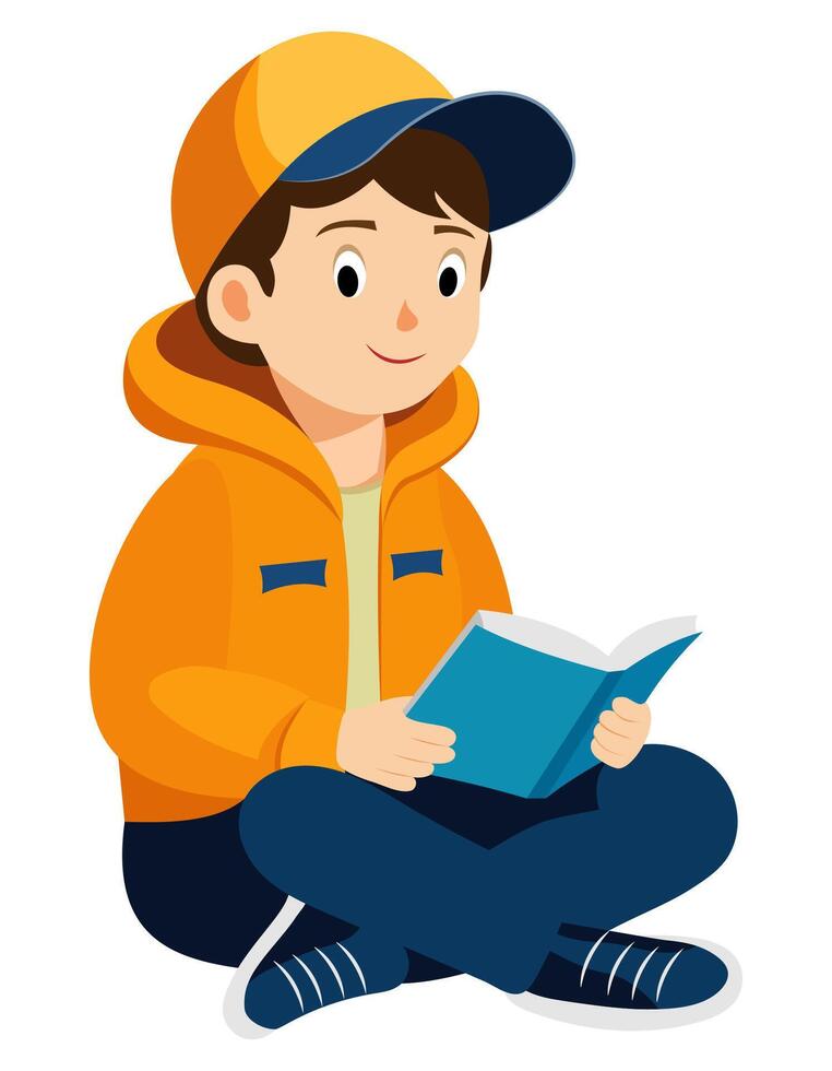 cheerful cartoon boy sitting cross-legged reading a book child is wearing an hoodie, showcasing a happy expression illustration isolated on white background vector