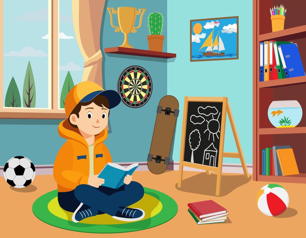 young boy sitting cross-legged reading a book in a vibrant playroom showcasing a cozy and engaging environment for learning and creativity illustration vector