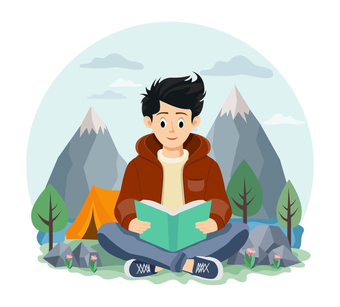 boy sitting cross-legged reading a book outdoors against a scenic backdrop of mountains and trees the boy appears focused and relaxed, enjoying his book in nature's tranquility illustration vector