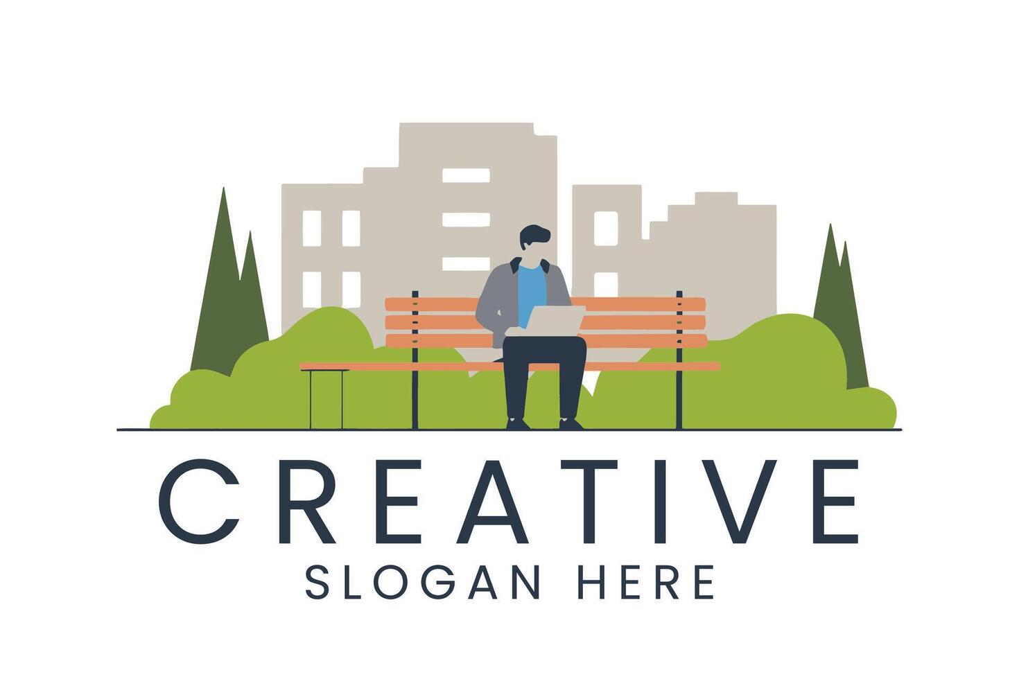 Man working on laptop in park bench stock graphic art vector