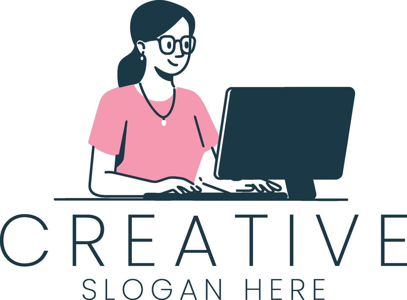Happy Woman Working on Computer Creative Design Pink job desk team idea style mouse office vector