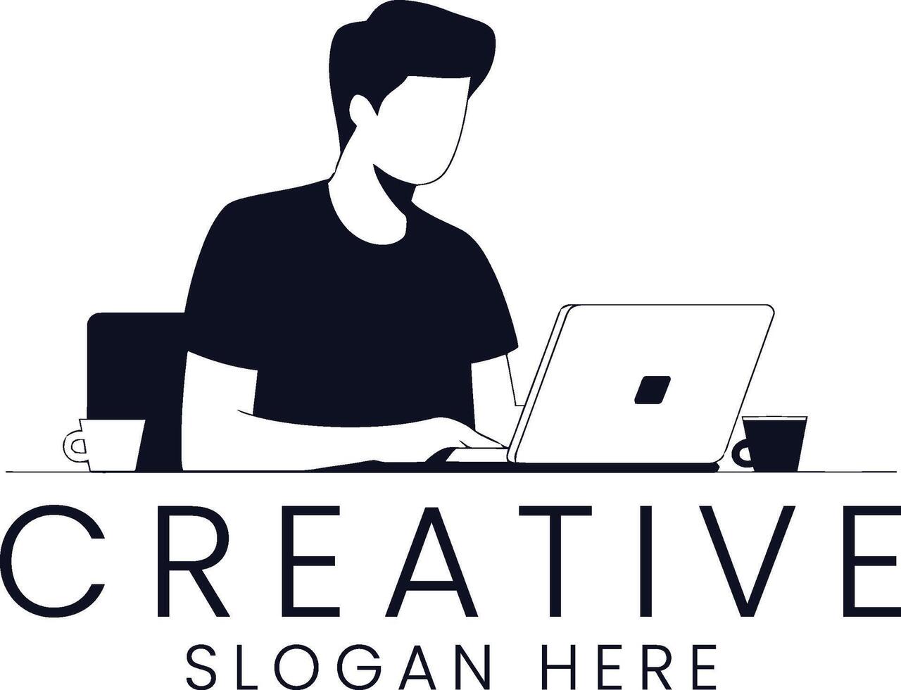 Modern Minimalist Man Working on Laptop Creative art job icon dark flat desk vector