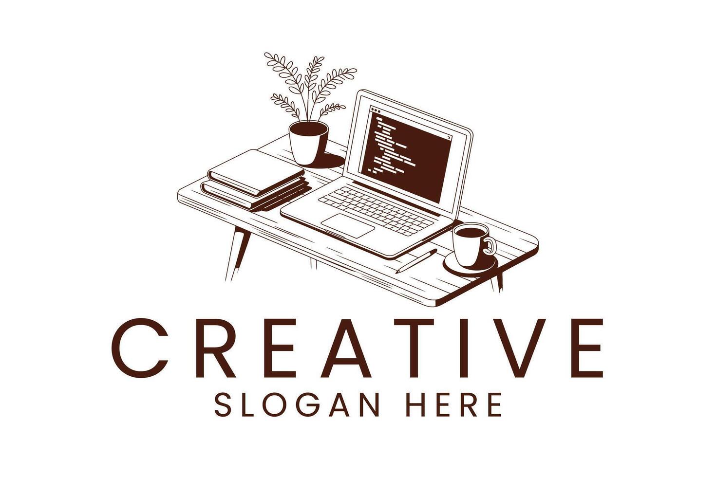 Creative workspace with laptop plant books and coffee for branding use vector