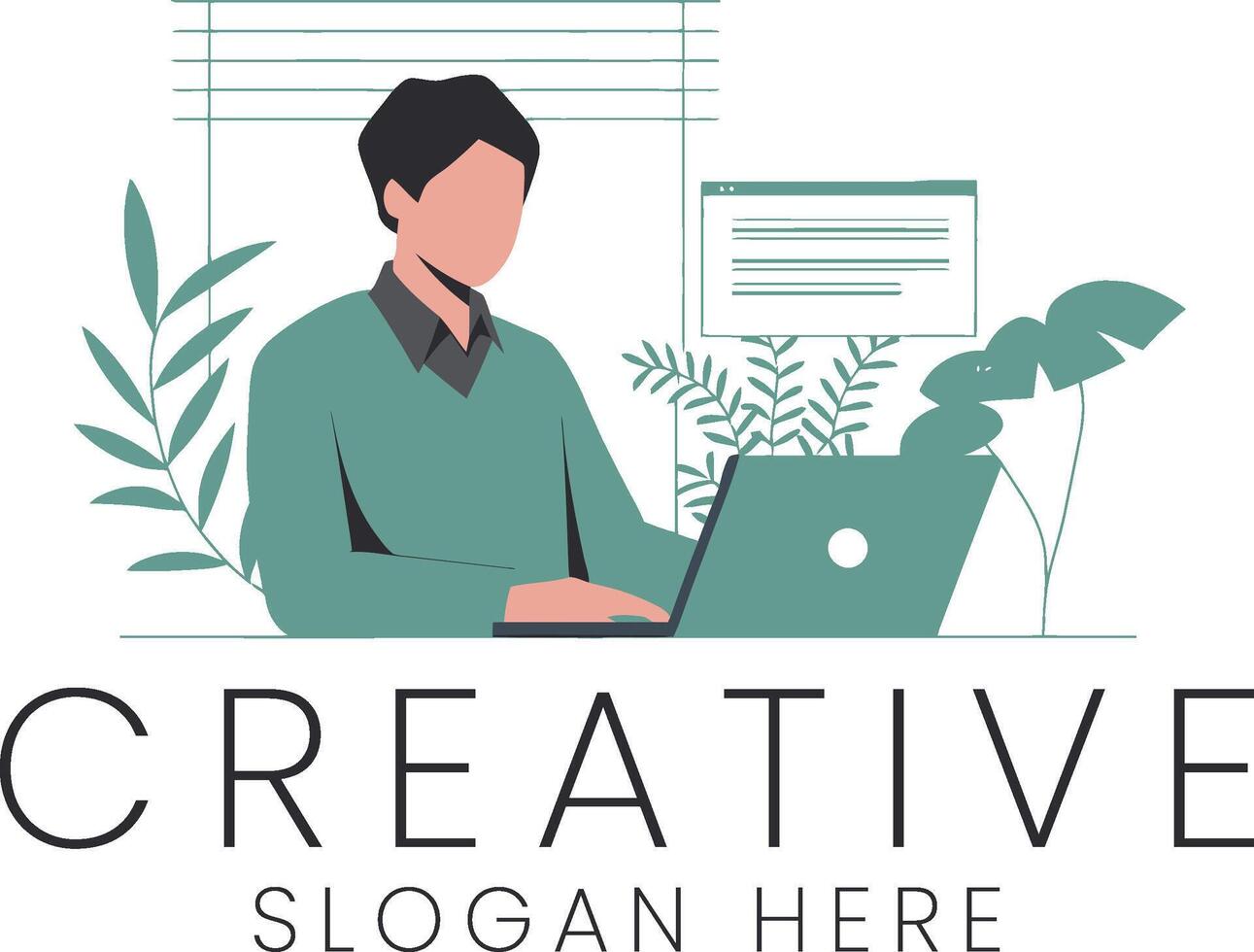 Modern Man Working on Laptop Creative Design Project flat teal home idea style clean green vector