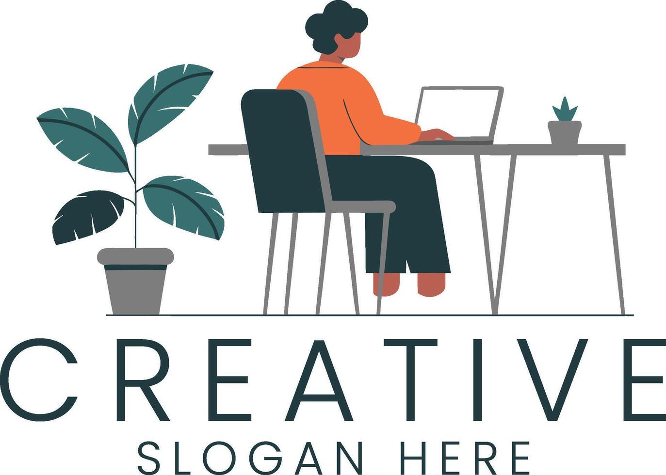 Person Working on Laptop Creative Office Design pot job desk flat home idea style clean vector