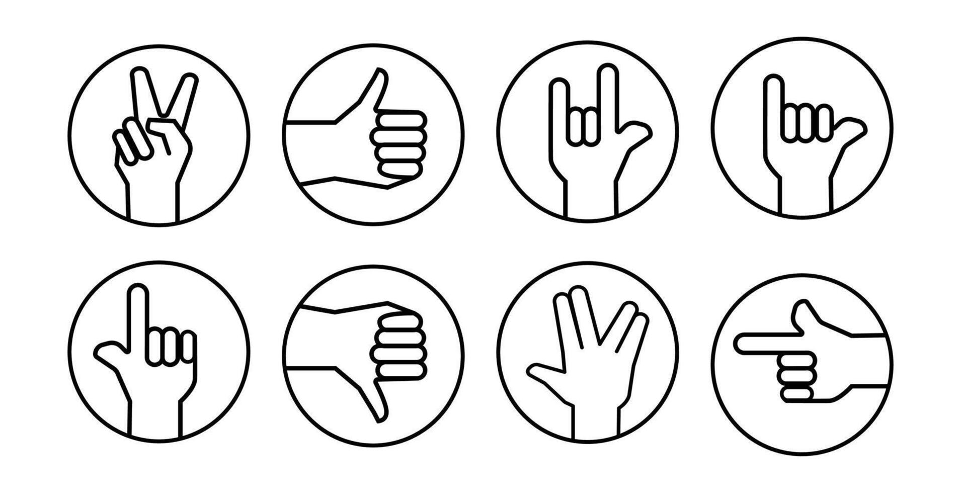 Hand Gesture Icon Set in Line Style.Set of line icons showing various hand gestures in circular frames, ideal for UI design, messaging apps, communication graphics and educational materials vector