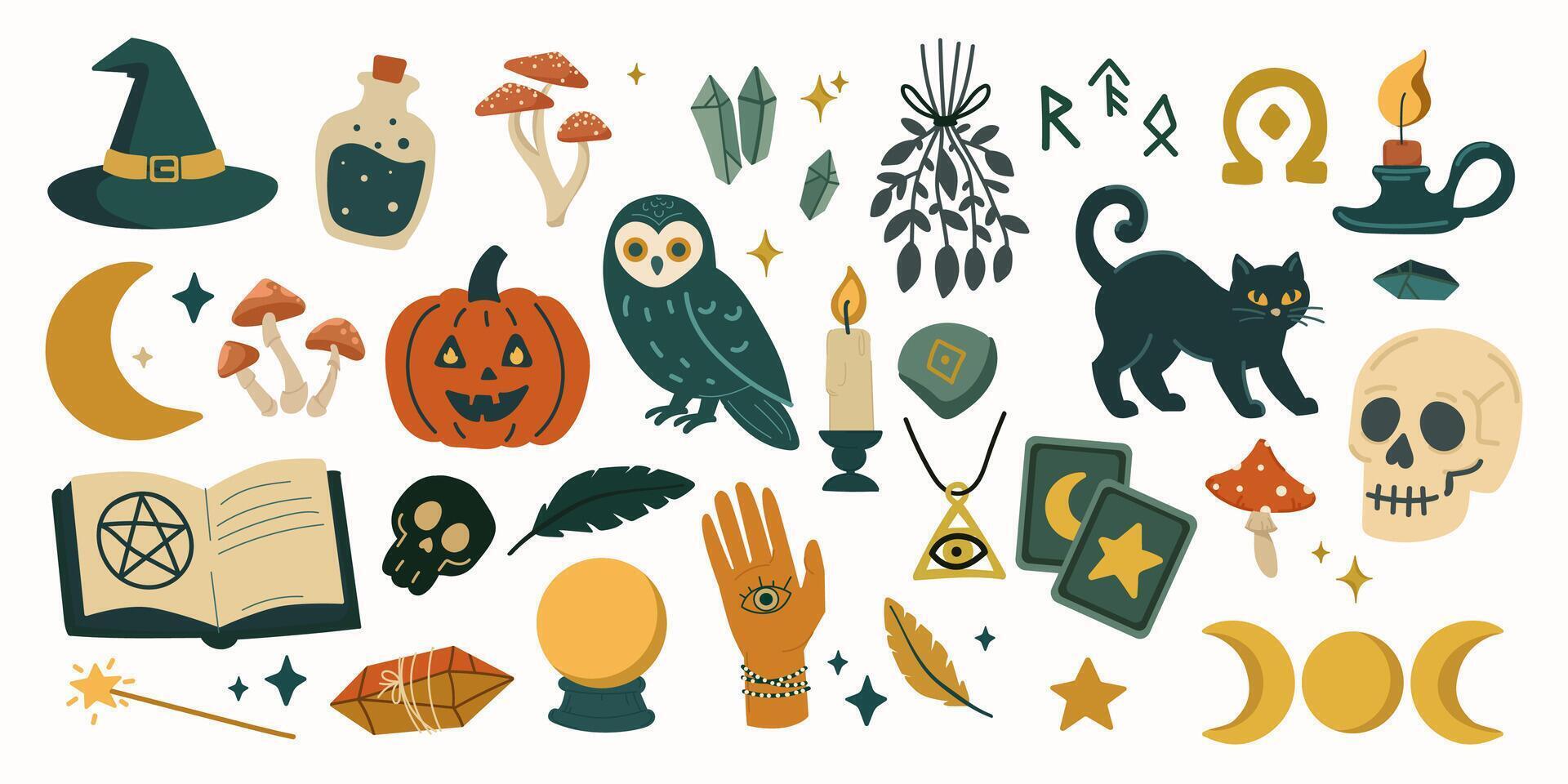 Collection of mystical Halloween and witchcraft elements in retro folk style with black cat crystals owl pumpkin tarot cards skull and moon icons, logo, stickers, print design,esoteric branding. vector