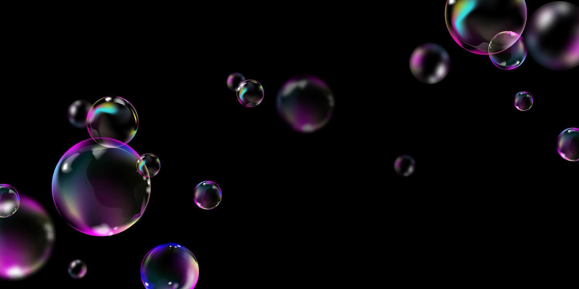Realistic 3D soap bubbles with iridescent reflections floating on black background, ideal for abstract backgrounds, advertising, posters, party designs and digital art projects. illustration vector