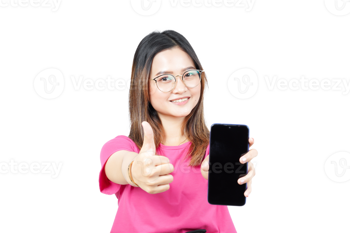 A woman holding up a smart phone with thumbs up png