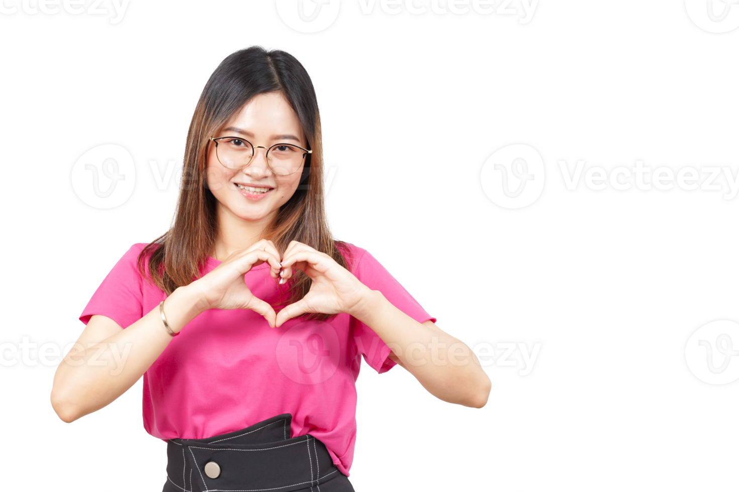 A woman in pink shirt making a heart shape png
