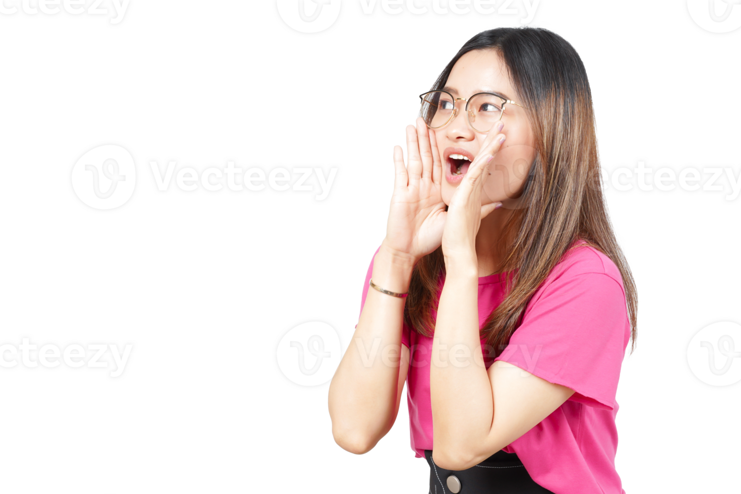 A woman is making a surprised face with her hands png