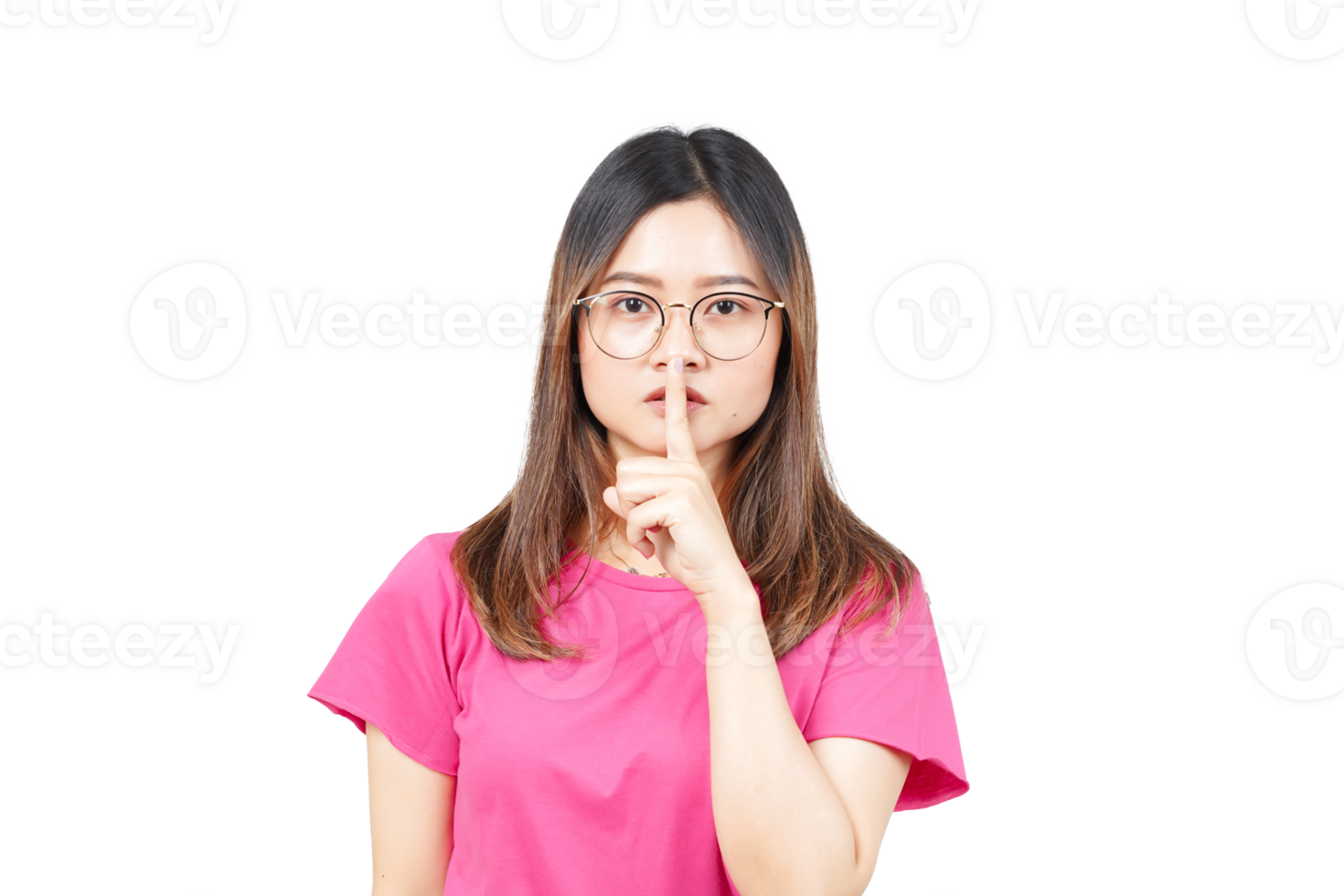 A woman in glasses is holding her finger to her mouth png