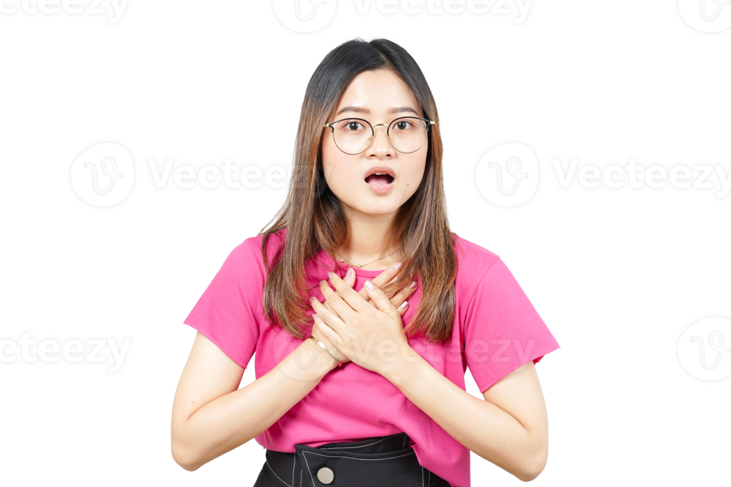 A woman with glasses and a pink shirt is holding her chest png