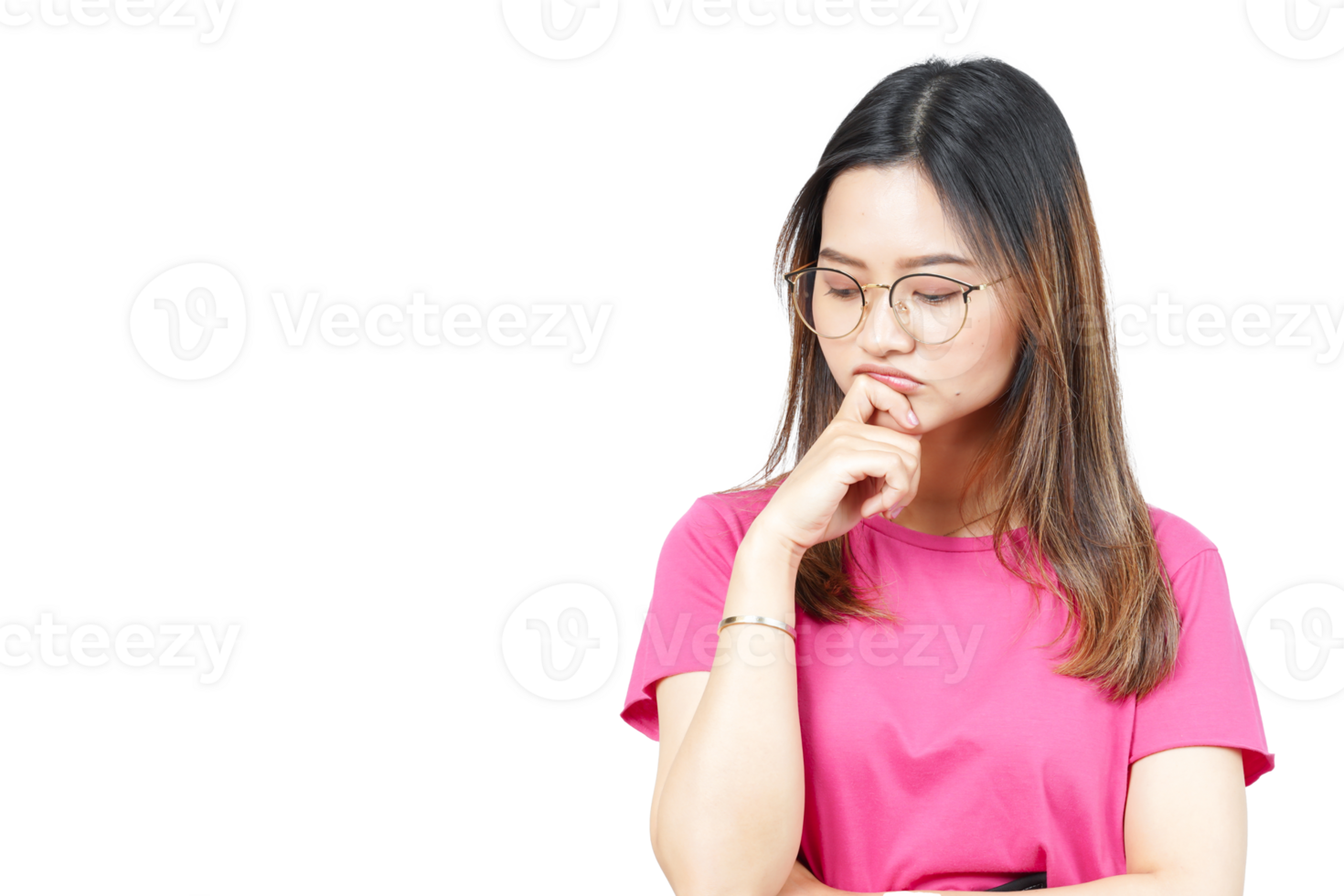 A woman in glasses is thinking about something png