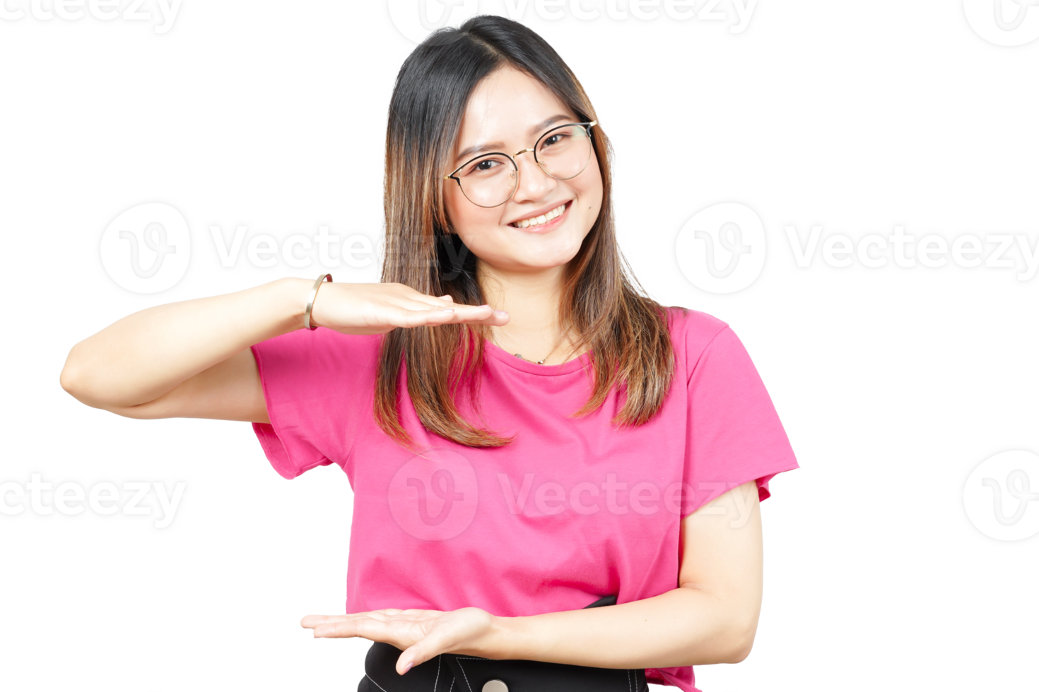 A woman in pink shirt and glasses is showing something png