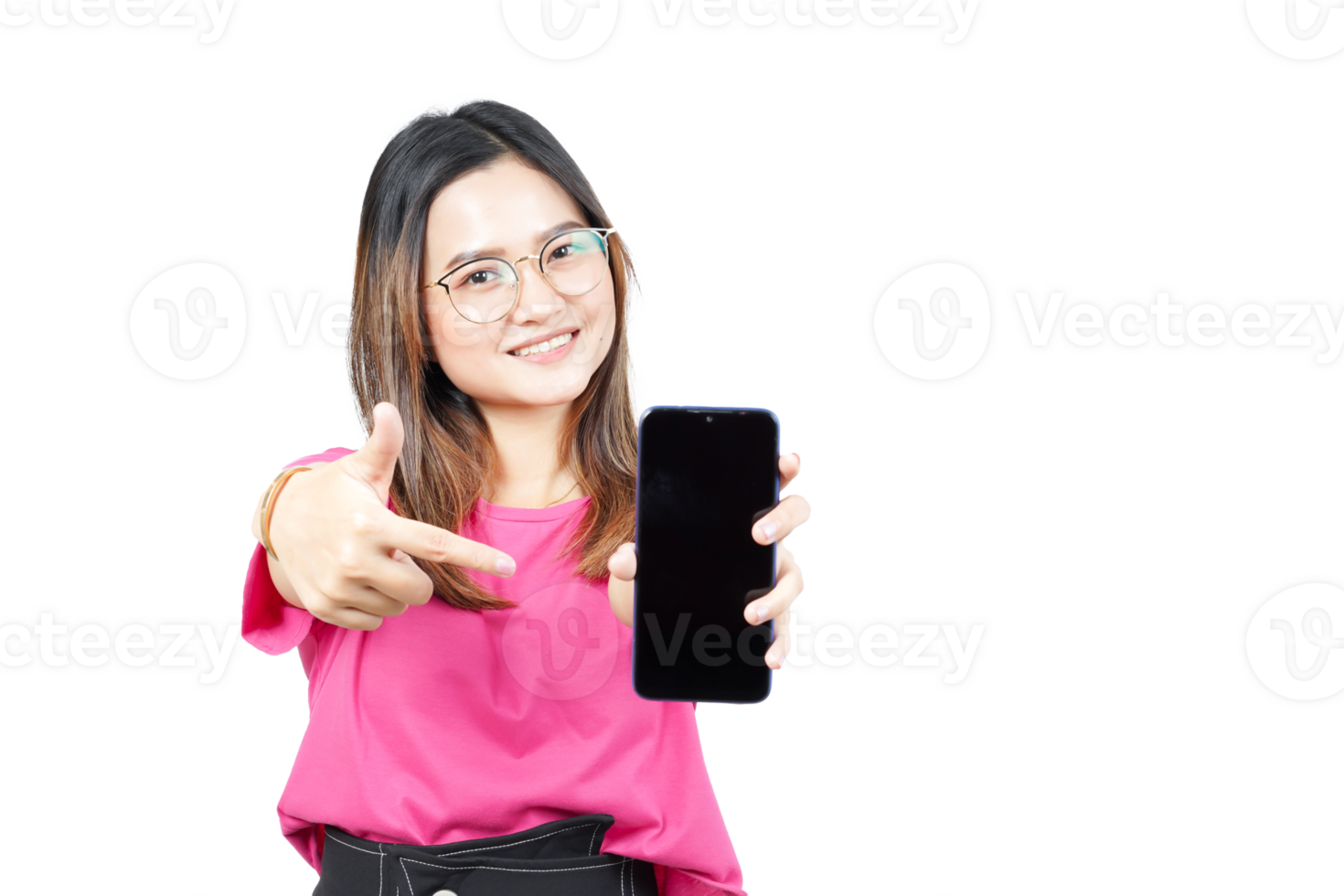 A woman holding up a smart phone with her hand png