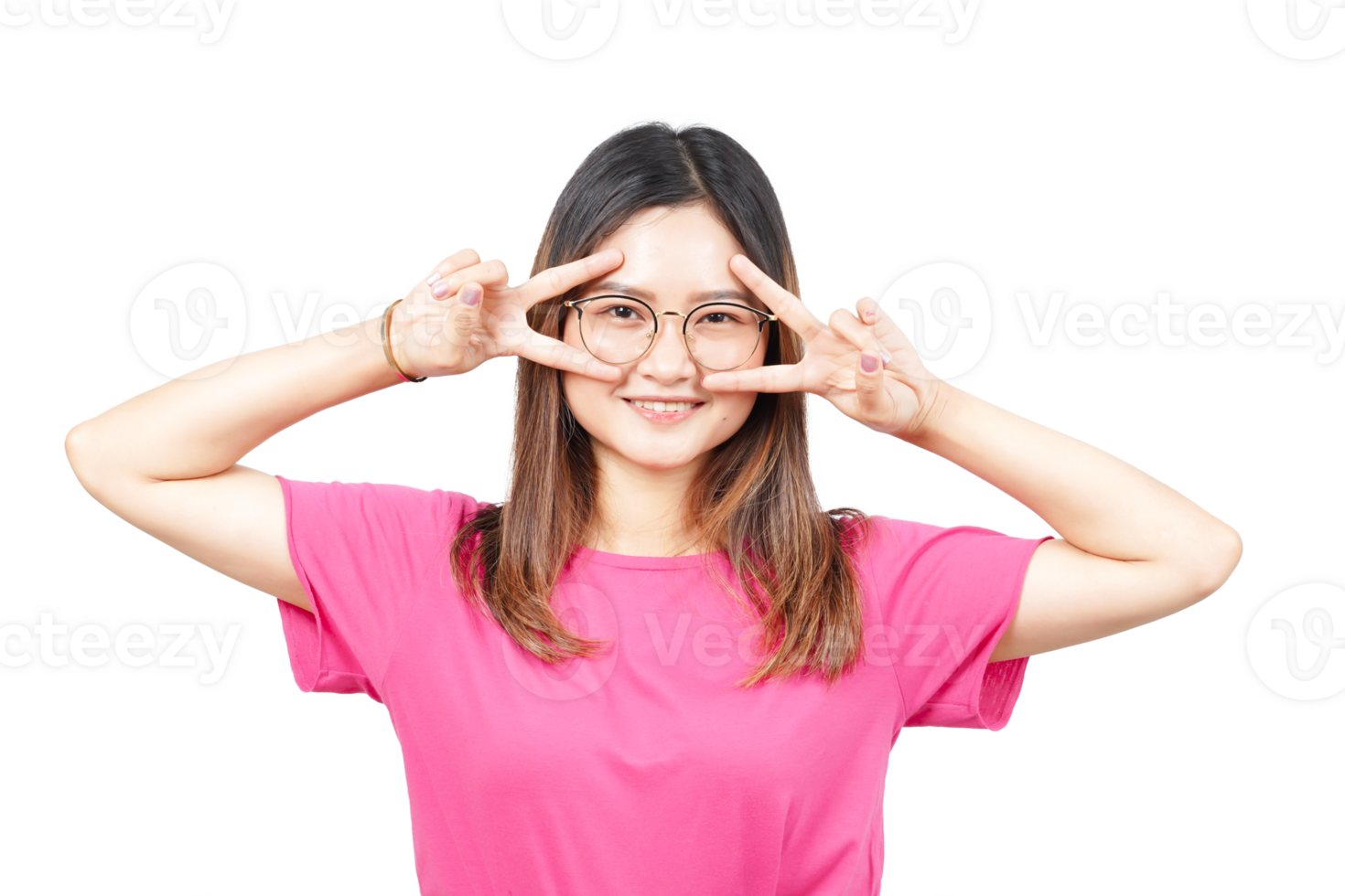 A woman in pink is making a face with her hands png