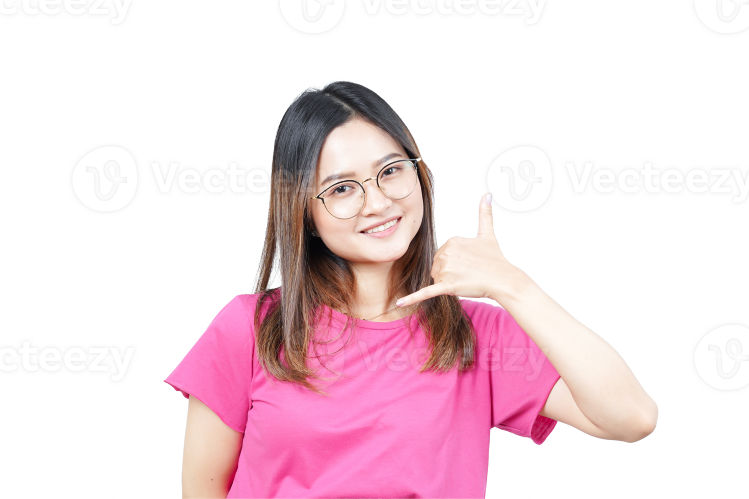 A woman in a pink shirt is making a gesture with her hand png