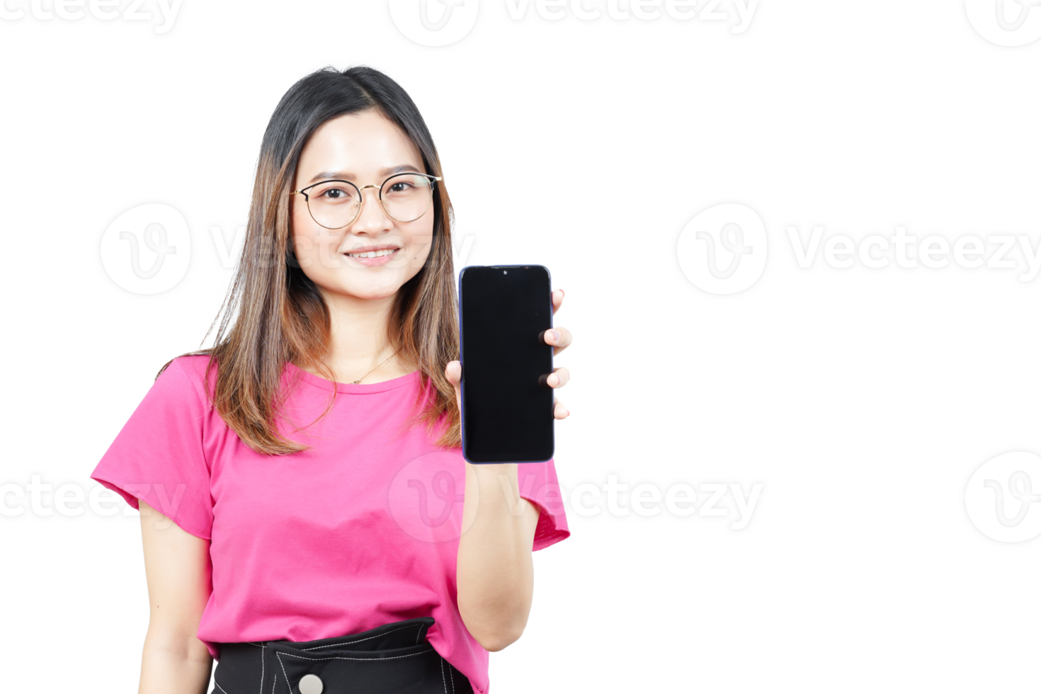A woman holding up a smartphone with a pink shirt png