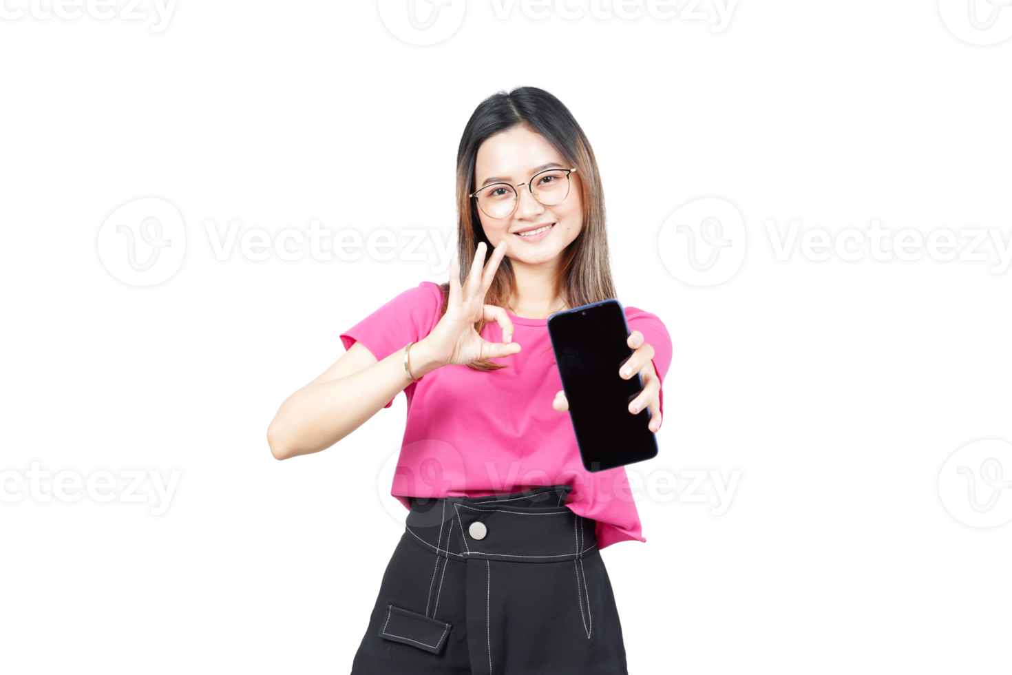 A woman holding up a cell phone and making the ok sign png