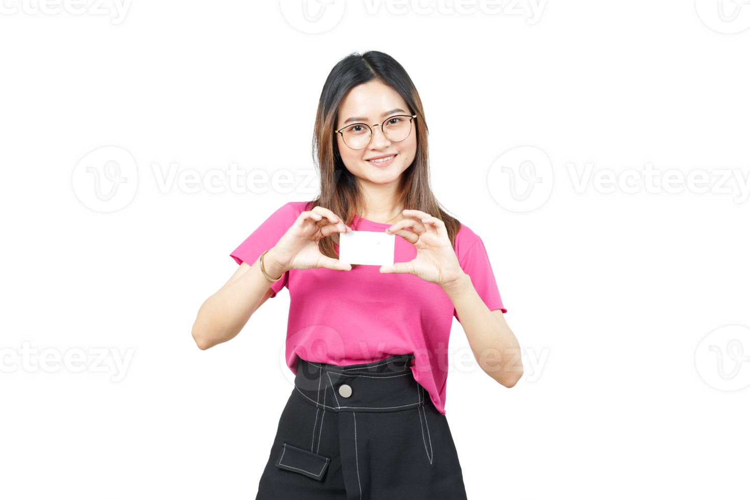 A woman holding up a white card png
