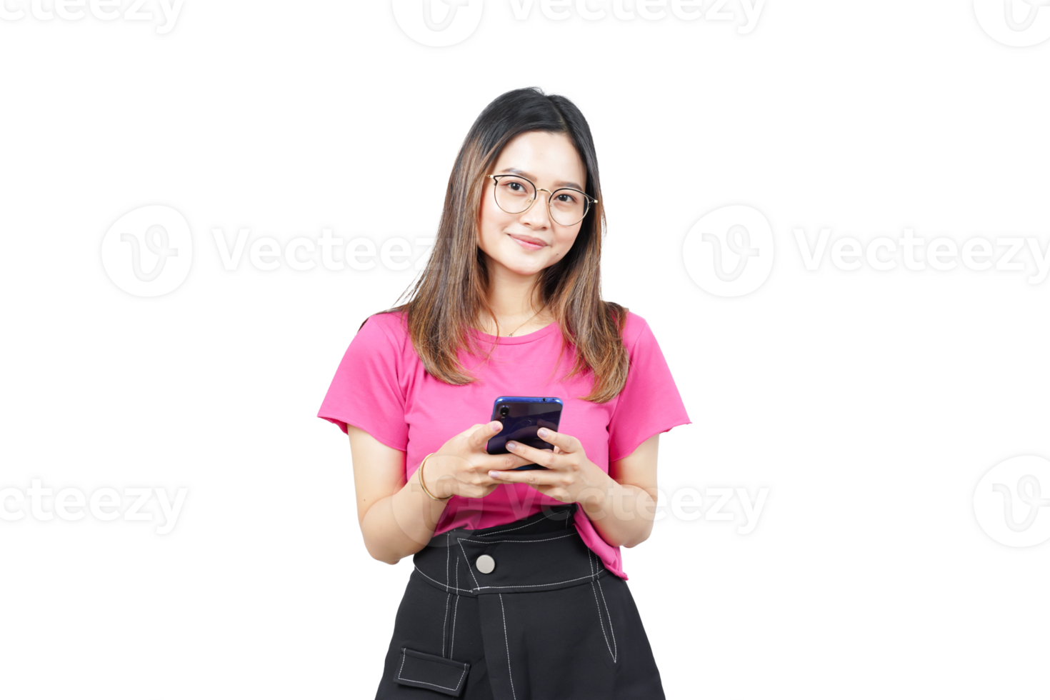A woman in a pink shirt and black skirt holding a cell phone png