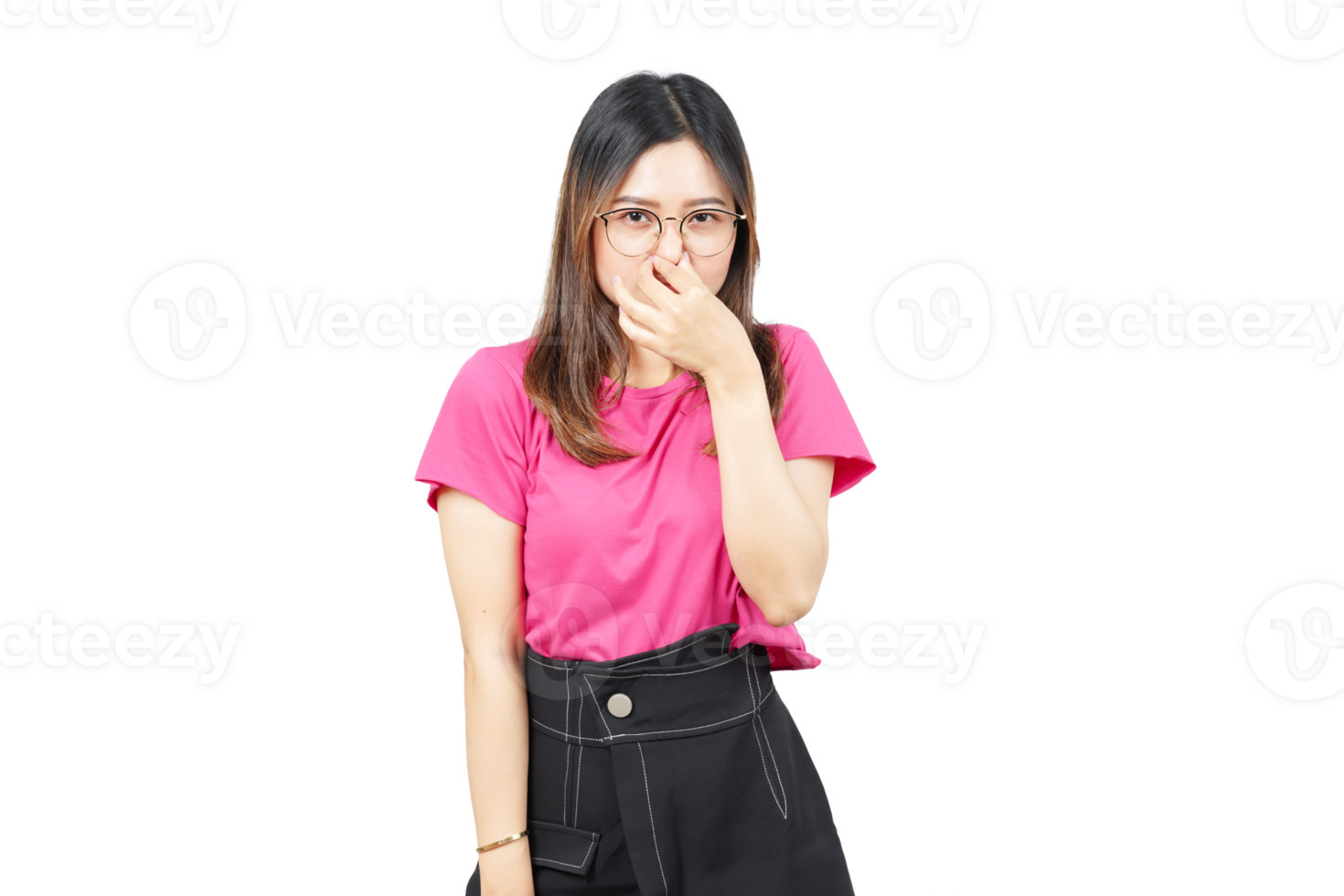 A woman in pink shirt covering her mouth with her hand png