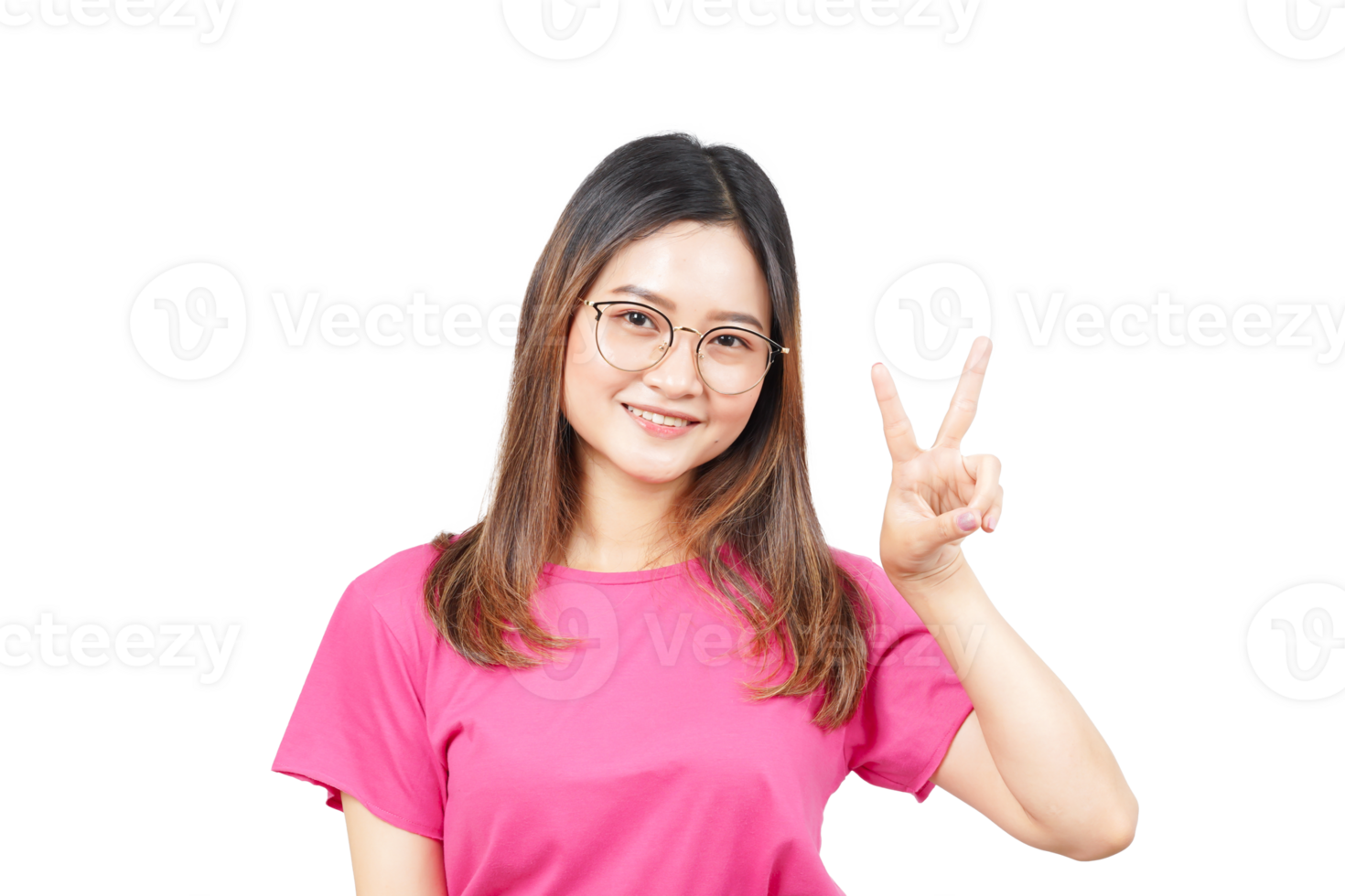 A woman in a pink shirt and glasses making the peace sign png