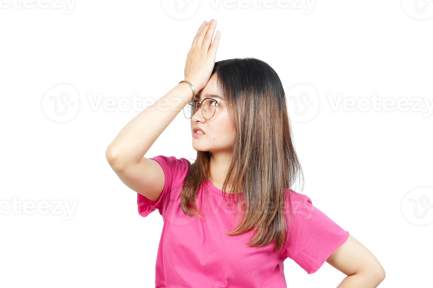 A woman in a pink shirt is holding her hands to her head png