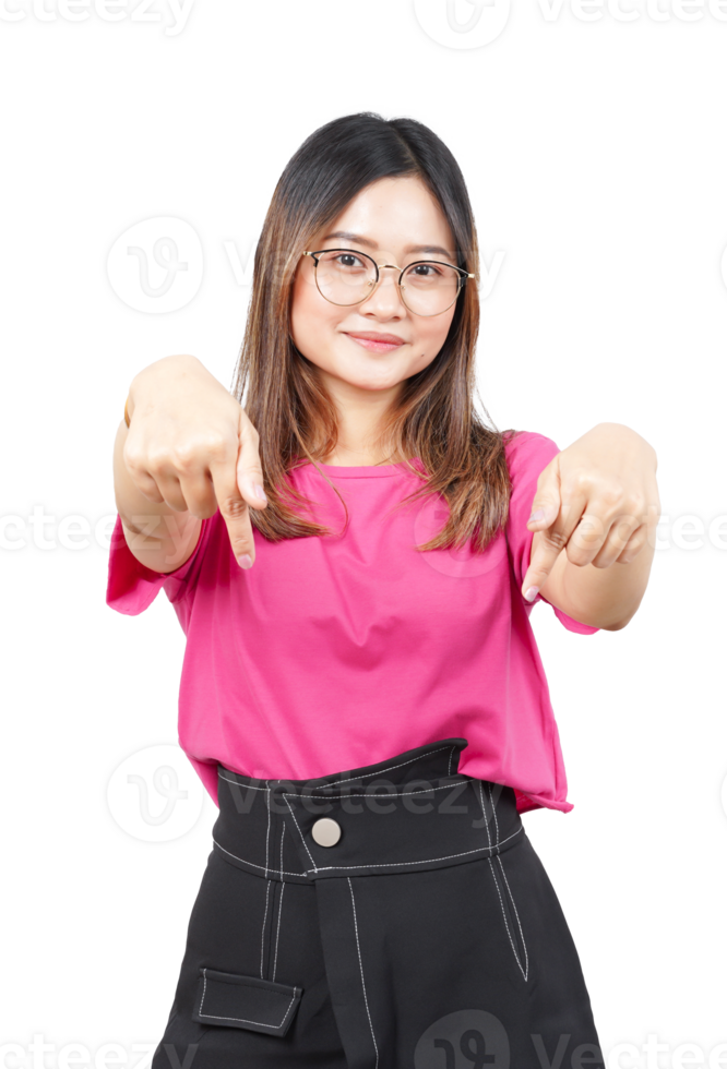A woman in glasses and a pink shirt pointing at something png