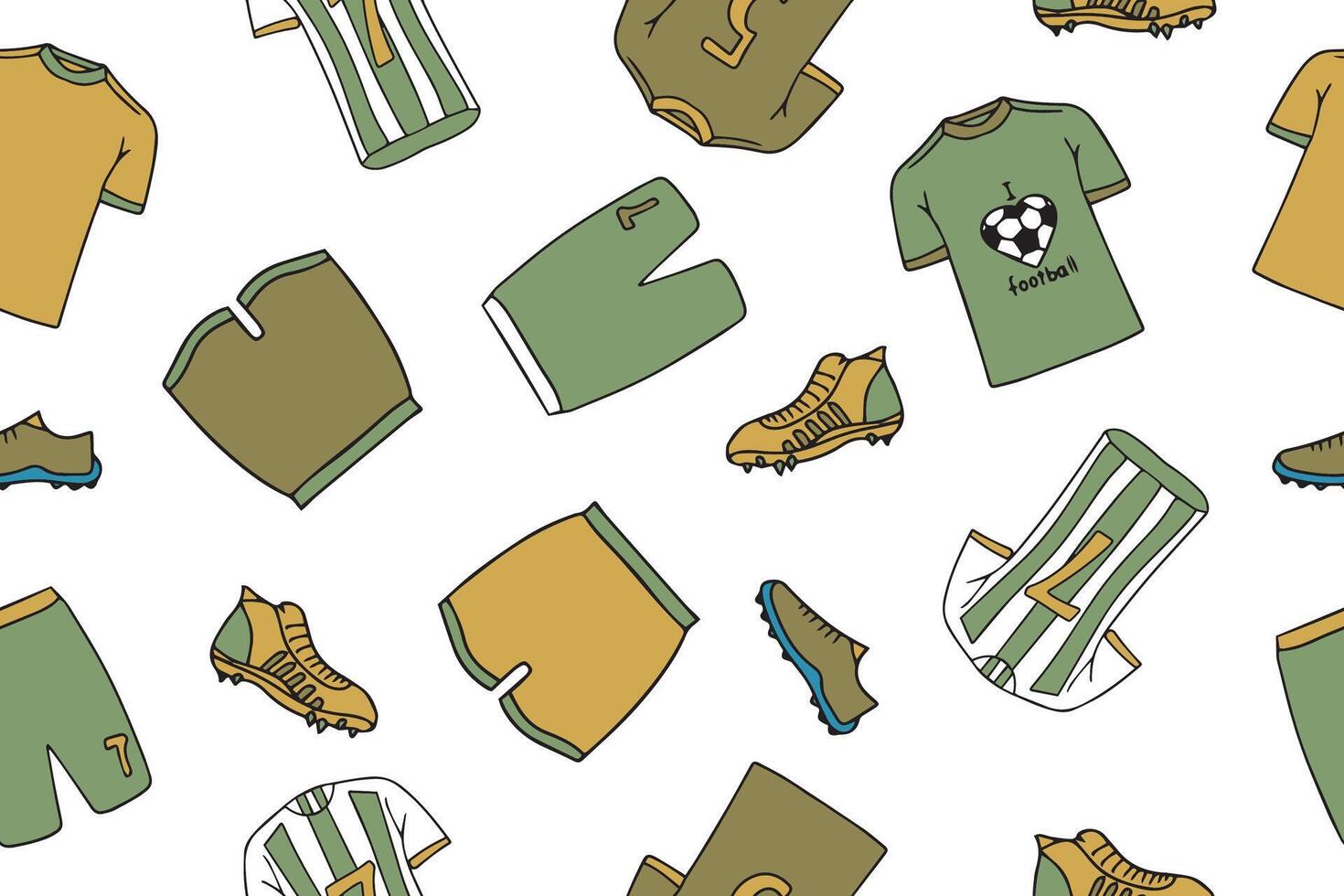Seamless pattern of football players uniforms and shoes in doodle style. Hand drawn icons of football clothing. illustration vector