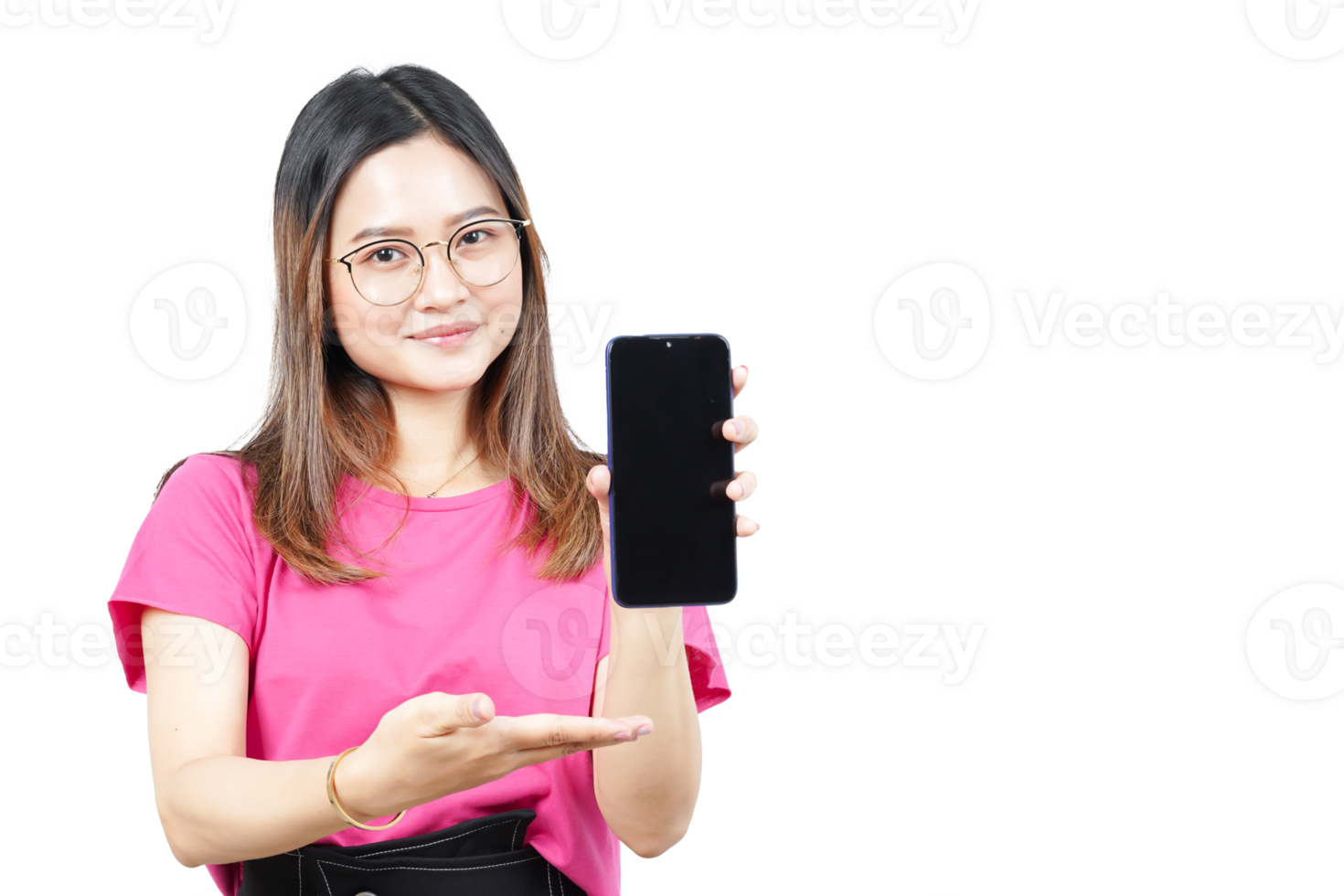 A woman holding up a smartphone with a blank screen png