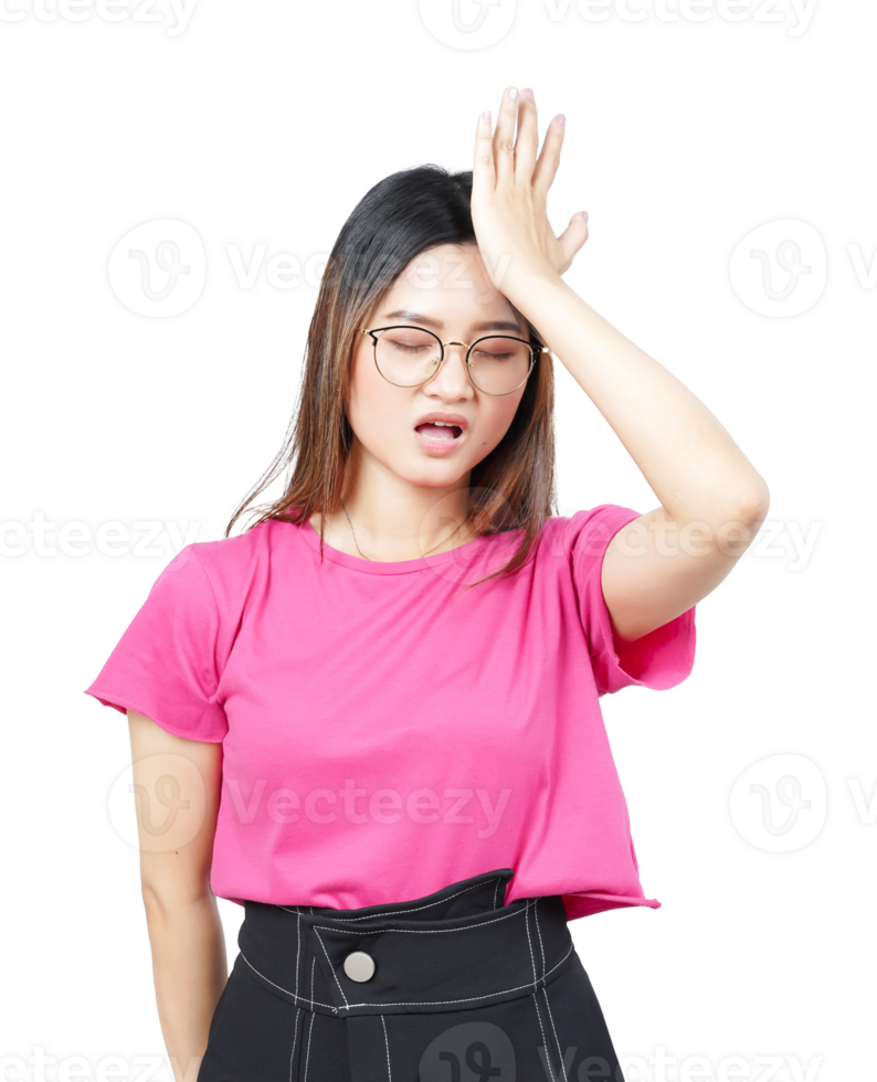A woman with glasses and a pink shirt is holding her head png