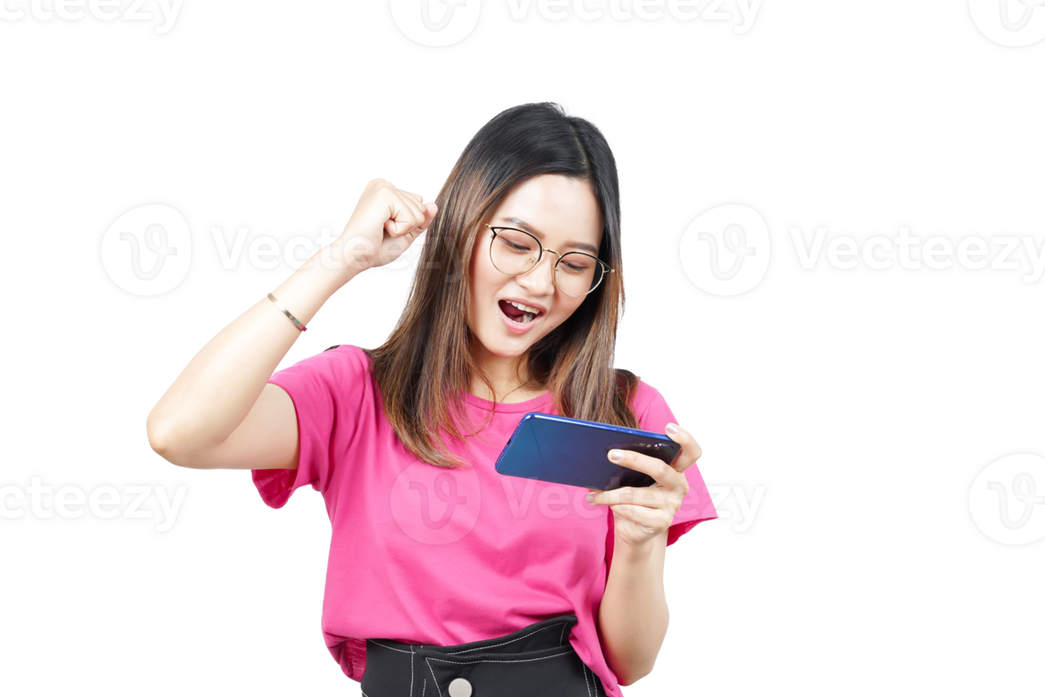 A woman in pink shirt holding up her phone png