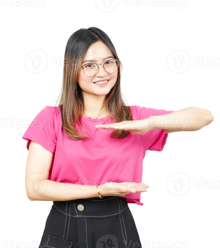 A woman in pink shirt and black skirt showing her hands png