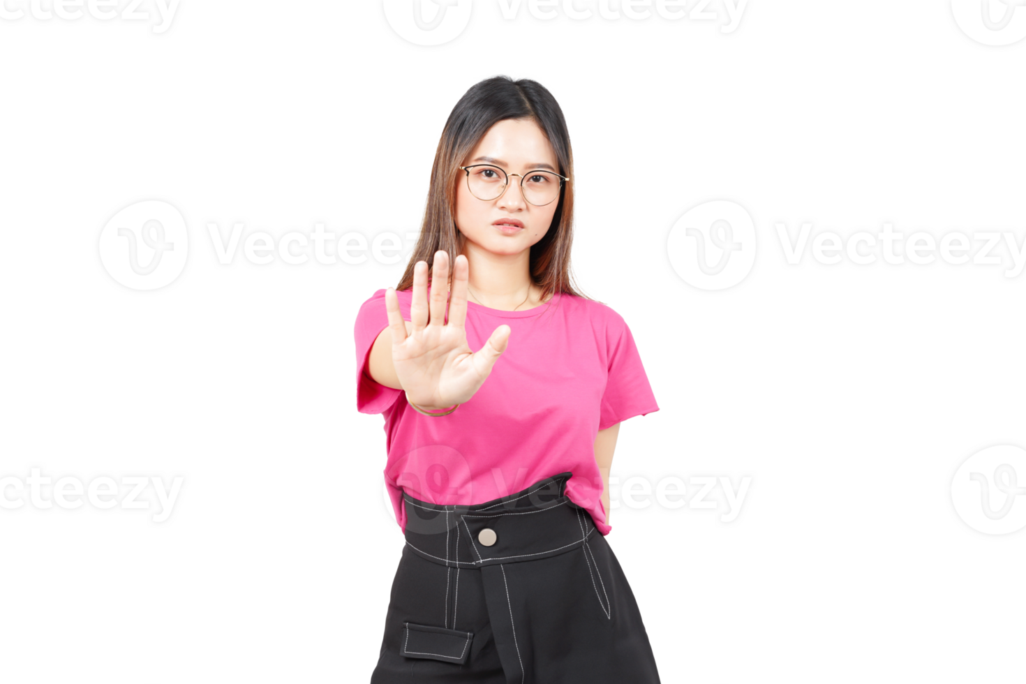 A woman in a pink shirt and black skirt is making a stop sign png