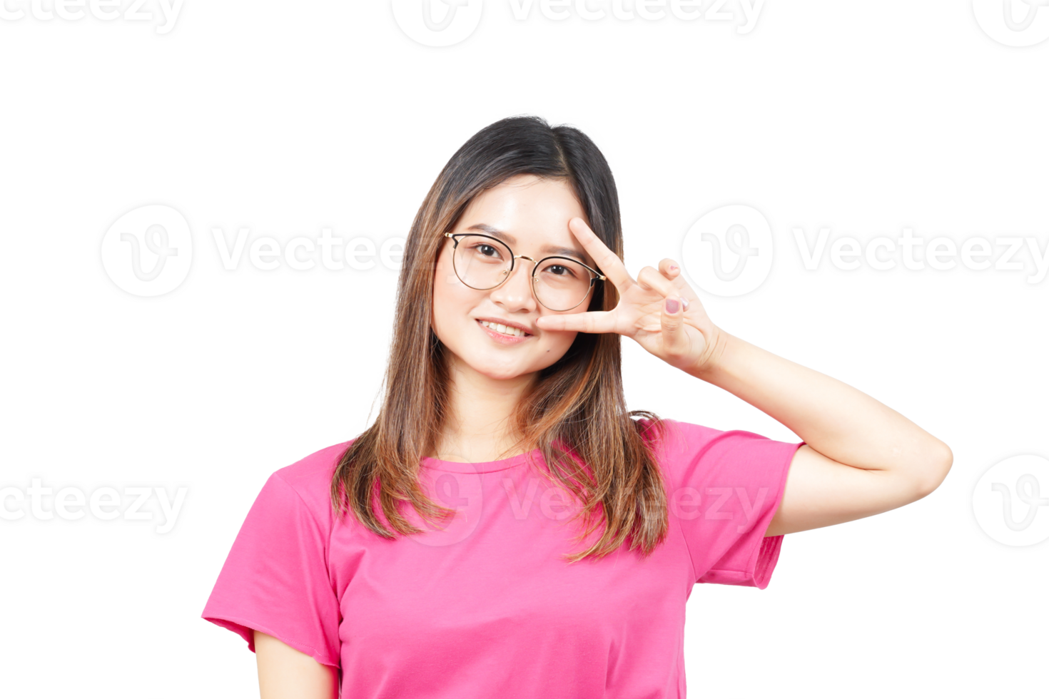 A woman in pink shirt and glasses making the peace sign png