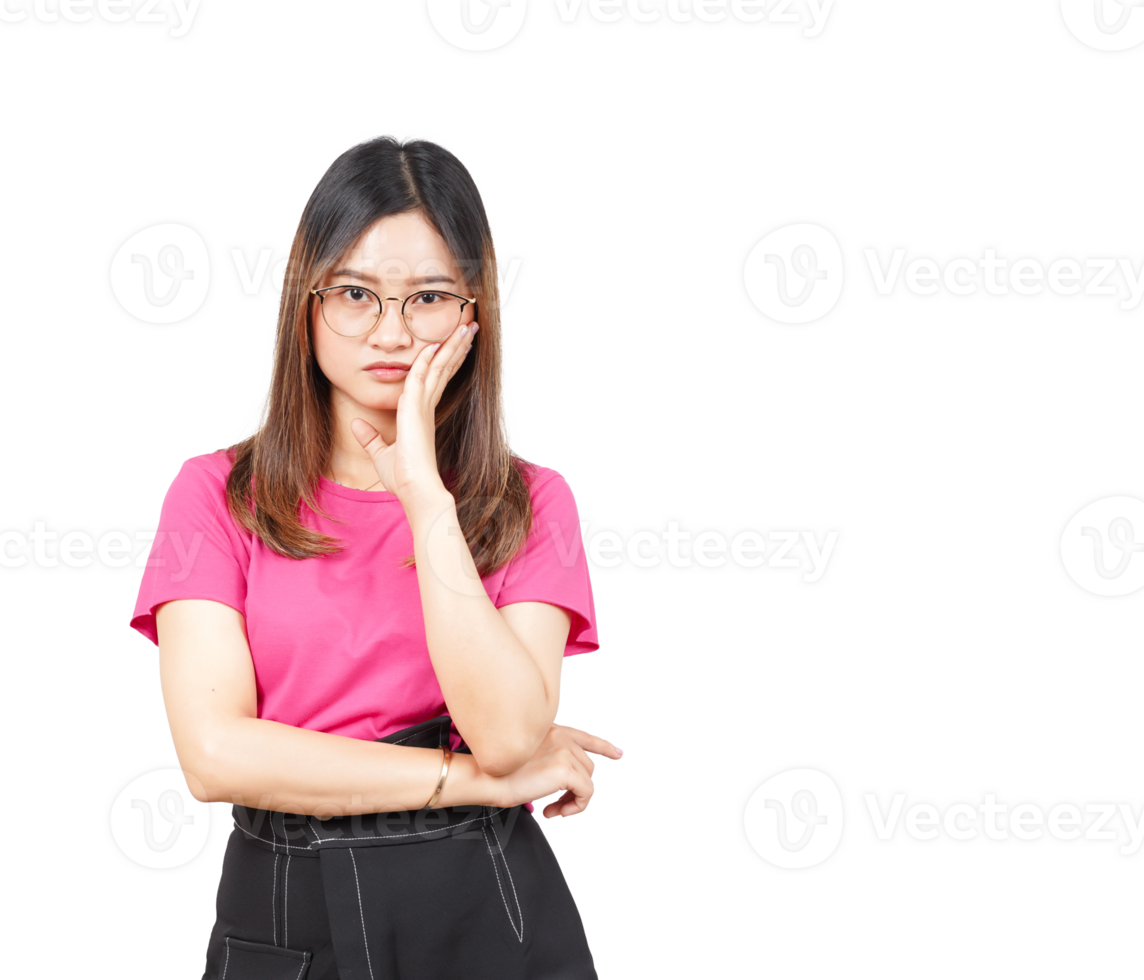 A woman in glasses is holding her hand to her face png