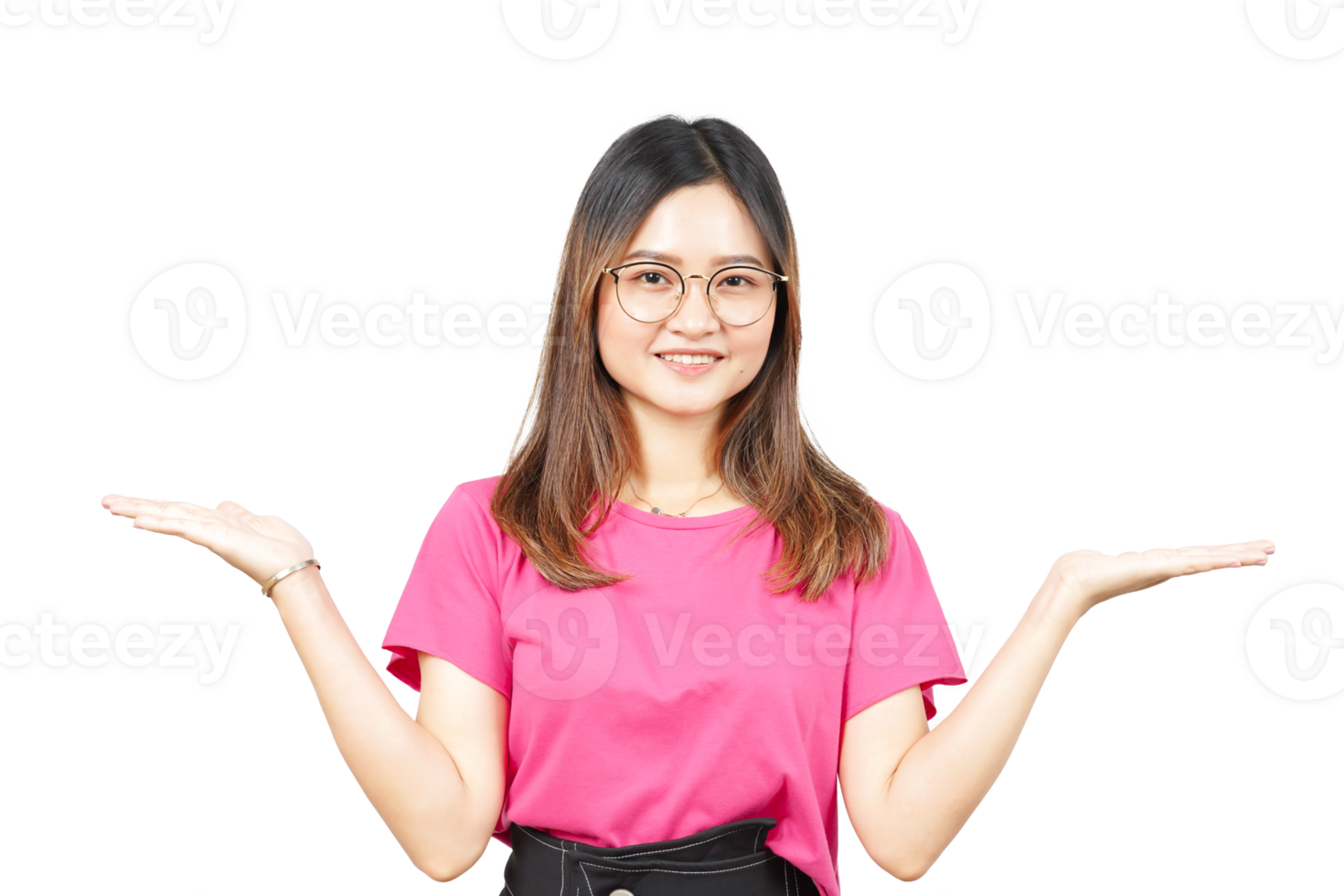A woman in glasses and a pink shirt is holding something out png