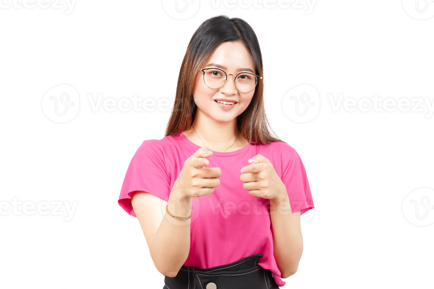 A woman in glasses is pointing at something png
