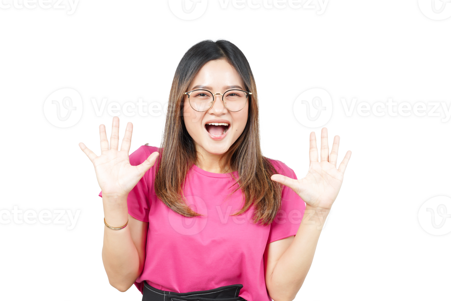 A woman with glasses and a pink shirt is making a surprised face png