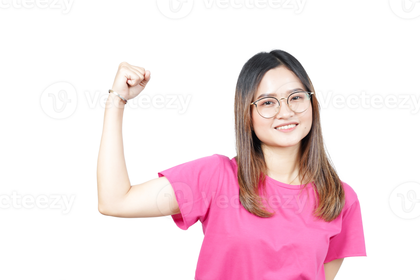 A woman in a pink shirt is showing off her muscles png