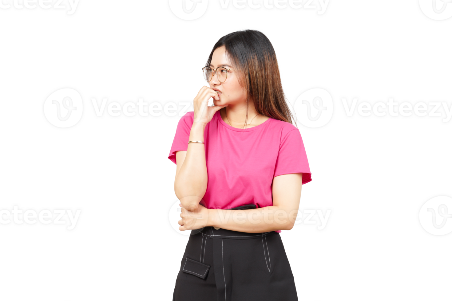 A woman in a pink shirt and black pants png
