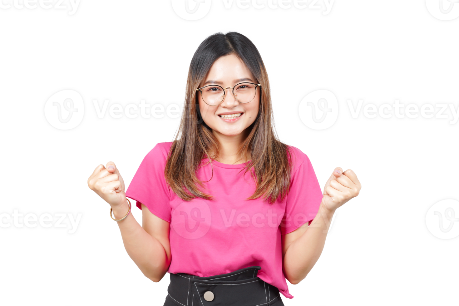 A woman in pink shirt and glasses is smiling png