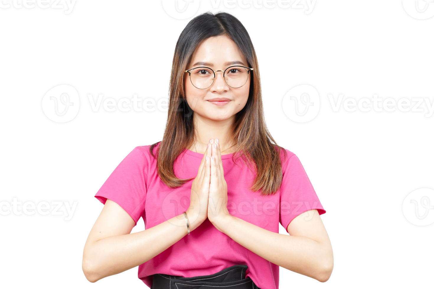 A woman in pink shirt and glasses is making a gesture png