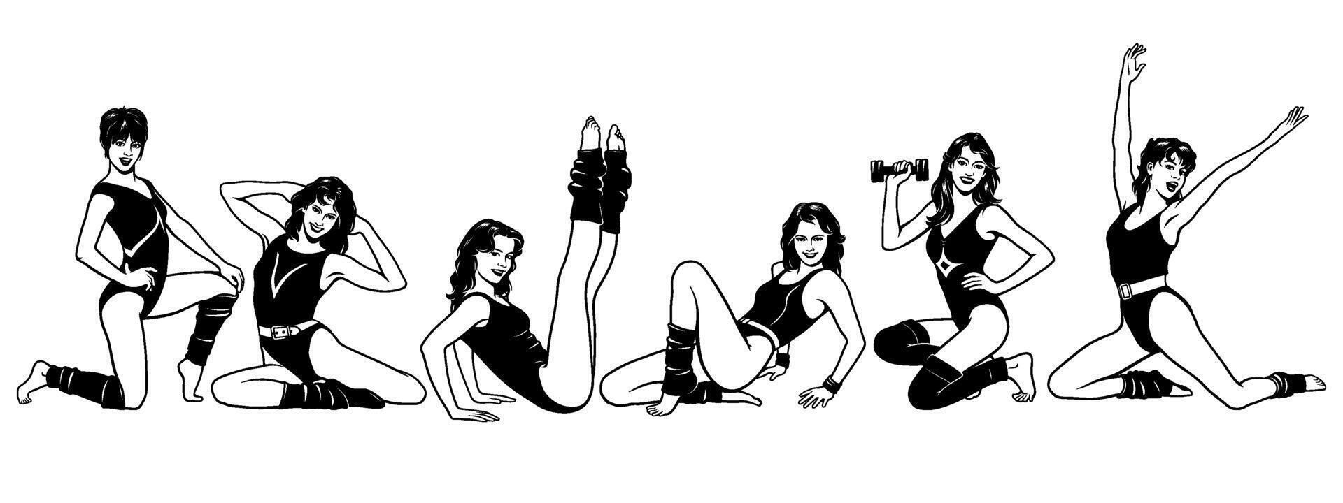 Aerobics Set. Women doing fitness and gym exercises. Black and white cliparts isolated on white. vector