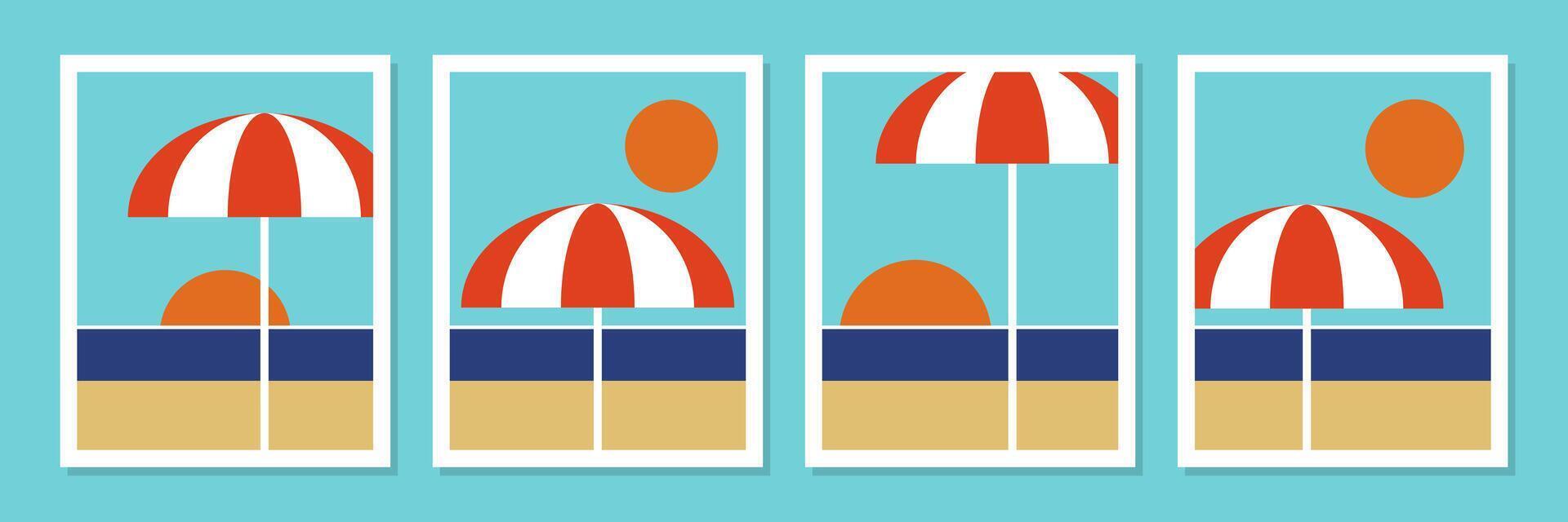 Summer beach wall decoration set with umbrella and sun vector